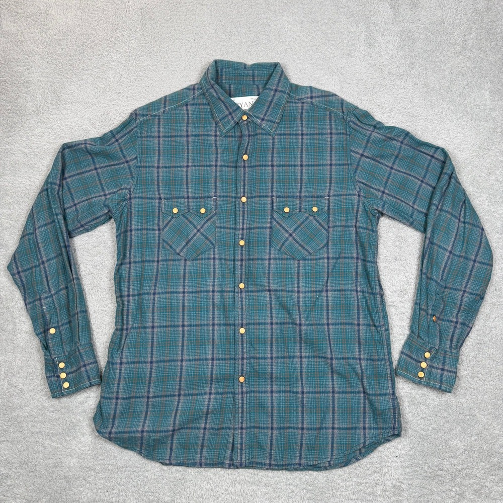 VTG Ryan Michael Mens L Teal Blue Plaid‎ Western Snap Long Sleeve Cotton Shirt